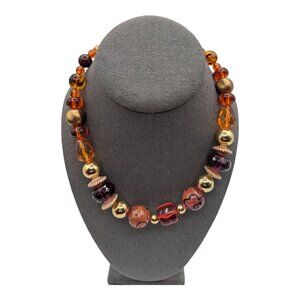Handcrafted Beaded Necklace With Gold Amber & Red Beads - 16" Long